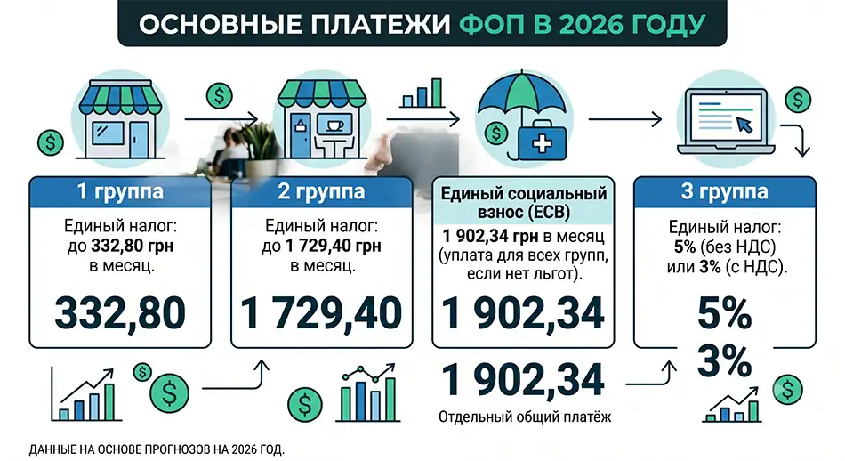 Основные платежи ФЛП в 2026 году. Блоки: 1 группа — до 332,80 грн единого налога, 2 группа — до 1 729,40 грн, ЕСВ — 1 902,34 грн в месяц, 3 группа — 5% без НДС или 3% с НДС