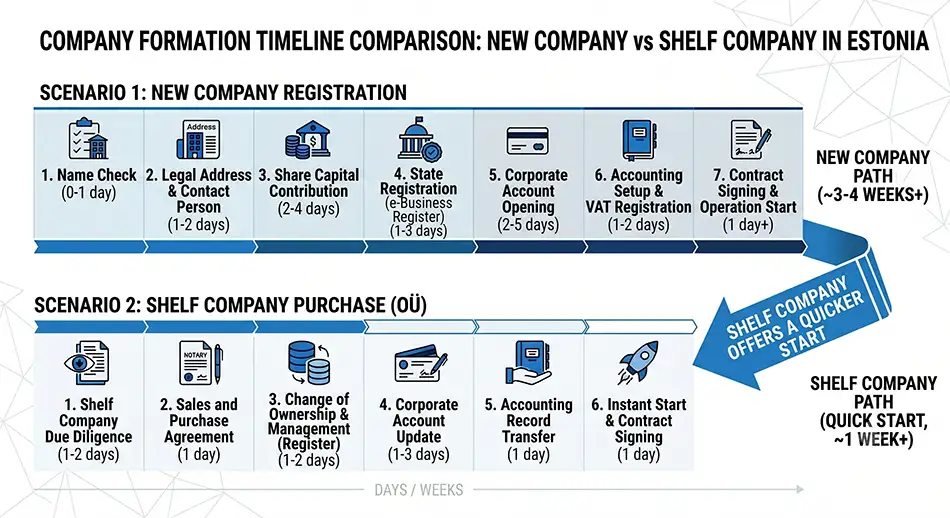 comparative timeline chart - when buying a ready-made company in Estonia saves time