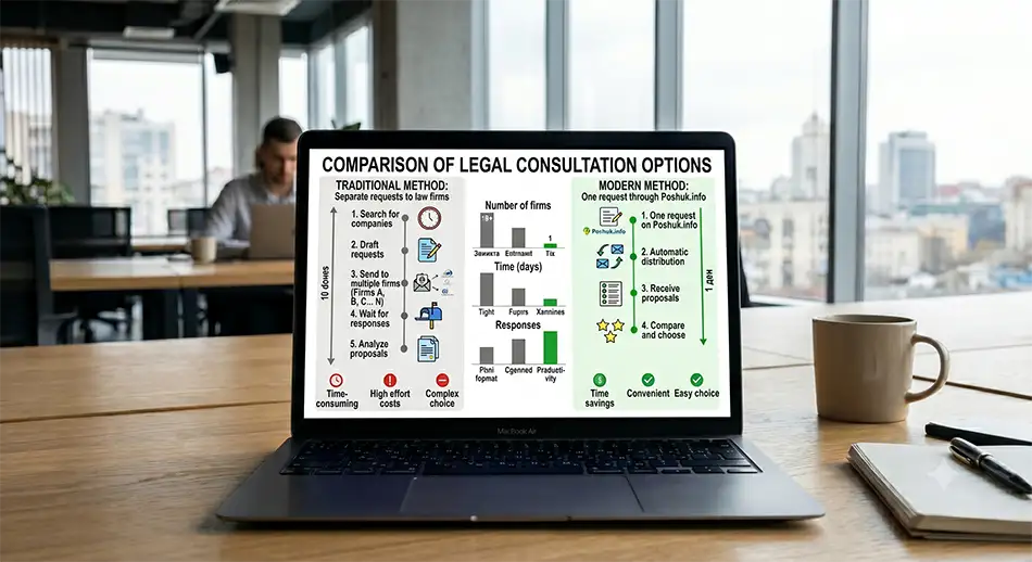 Chart: comparison of consultation options - separate requests to legal companies and one request through Poshuk.info