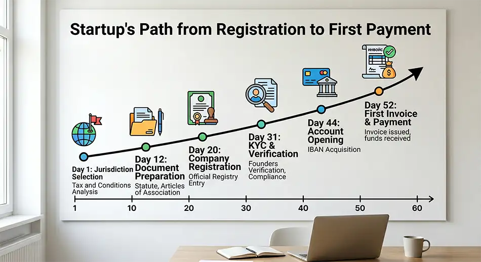 Graph: 'Startup journey from registration to first payment' - day 1: jurisdiction choice, day 12: documents preparation, day 20: company registration, day 31: KYC, day 44: account opening, day 52: first invoice.