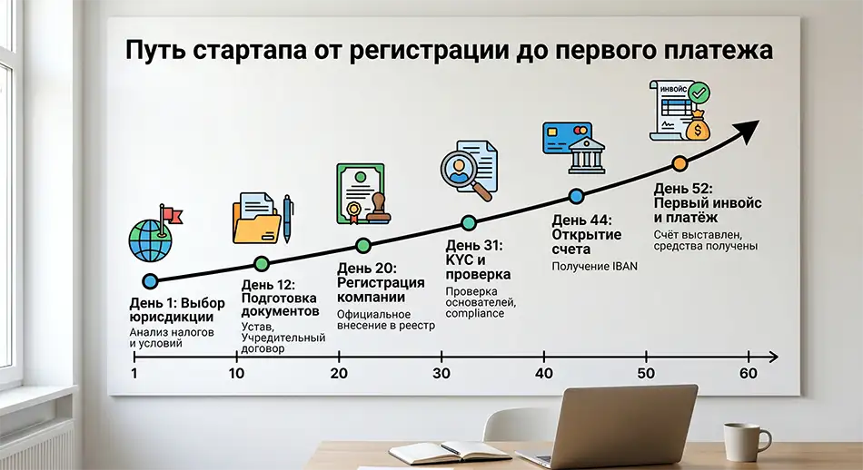 График: «Путь стартапа от регистрации до первого платежа» — день 1: выбор юрисдикции, день 12: подготовка документов, день 20: регистрация компании, день 31: KYC, день 44: счет, день 52: первый инвойс.