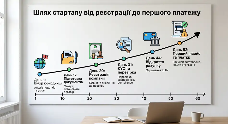 Графік: «Шлях стартапу від реєстрації до першого платежу» - день 1: вибір юрисдикції, день 12: підготовка документів, день 20: реєстрація компанії, день 31: KYC, день 44: рахунок, день 52: перший інвойс.