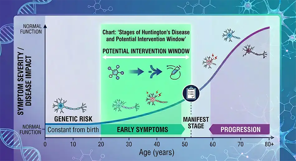 Chart: 'Stages of Huntington's Disease and Potential Intervention Window' – genetic risk – early symptoms – manifest stage – progression.