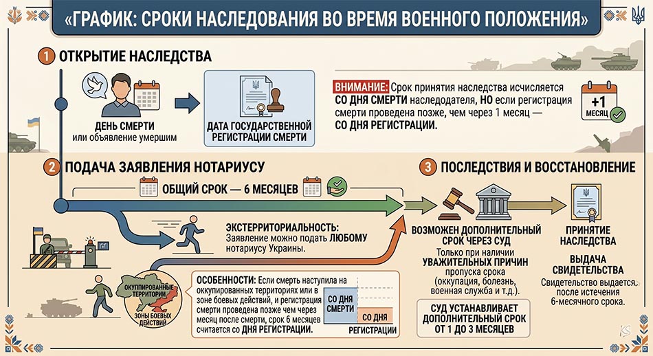График: «Сроки наследования во время военного положения — день смерти, дата государственной регистрации смерти, 6 месяцев для заявления нотариусу, возможный дополнительный срок через суд»