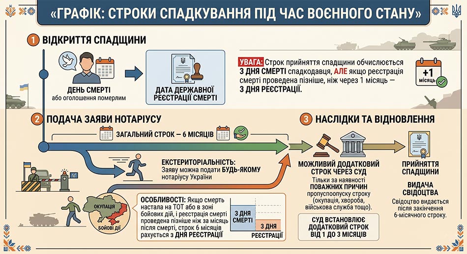 Графік: «Строки спадкування під час воєнного стану - день смерті, дата державної реєстрації смерті, 6 місяців для заяви нотаріусу, можливий додатковий строк через суд»
