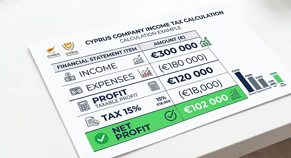 table-infographic with example of Cyprus company tax calculation, income €300,000, expenses €180,000, profit €120,000, tax 15% €18,000, net profit €102,000