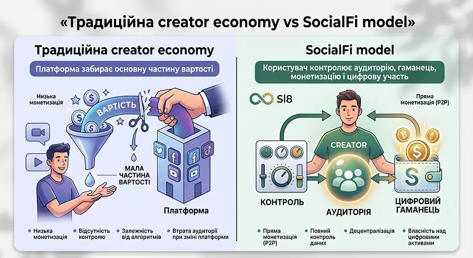 Діаграма: «Традиційна creator economy vs SocialFi model» - платформа забирає основну частину вартості / користувач контролює аудиторію, гаманець, монетизацію і цифрову участь. Alt: Порівняння creator economy та SocialFi моделі Sl8