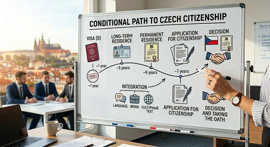 Chart: approximate path to Czech citizenship — visa, long-term stay, permanent residence, integration, application, decision
