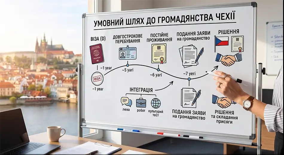 График: условный путь к гражданству Чехии — виза, долгосрочное пребывание, постоянное проживание, интеграция, подача заявления, решение
