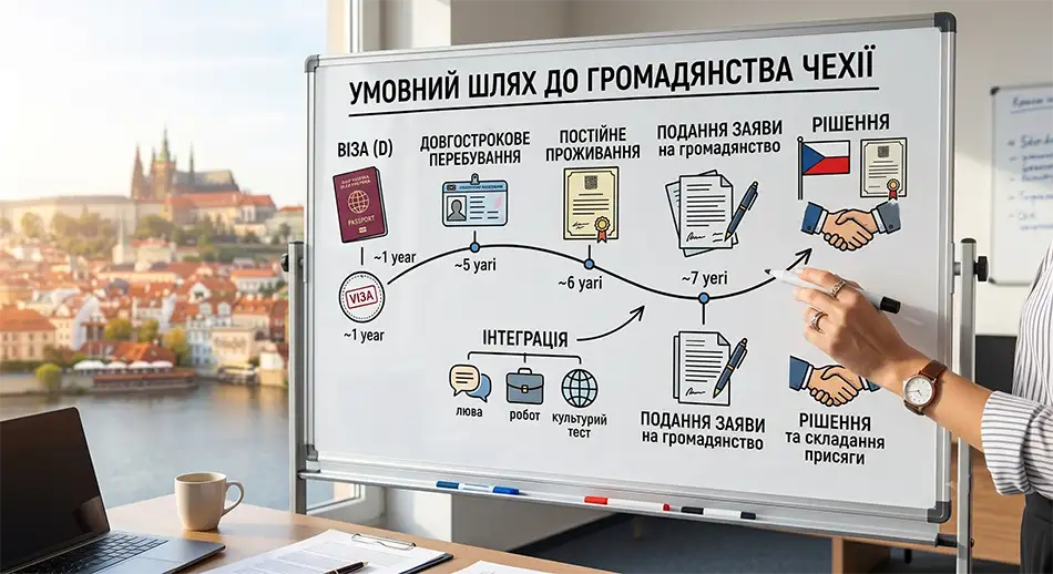 Графік: умовний шлях до громадянства Чехії - віза, довгострокове перебування, постійне проживання, інтеграція, подання заяви, рішення