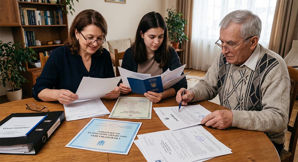 родина збирає документи для спадкової справи, на столі паспорт, свідоцтво, заповіт, документи на нерухомість