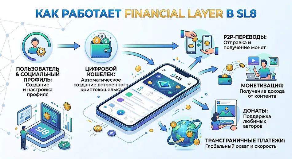Инфографика: «Как работает Financial Layer в Sl8» - пользователь, социальный профиль, цифровой кошелек, P2P-переводы, донаты, монетизация, трансграничные платежи. Alt: Схема работы финансового слоя в SocialFi платформе Sl8