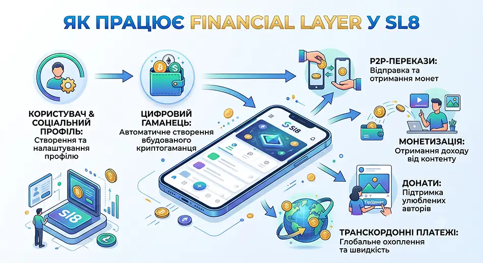 Інфографіка: «Як працює Financial Layer у Sl8» - користувач, соціальний профіль, цифровий гаманець, P2P-перекази, донати, монетизація, транскордонні платежі. Alt: Схема роботи фінансового шару в SocialFi платформі Sl8