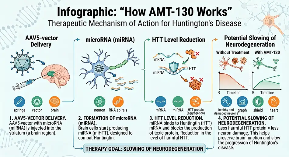 Infographic: 'How AMT-130 Works' – AAV5 vector – microRNA – HTT reduction – potential slowing of neurodegeneration.