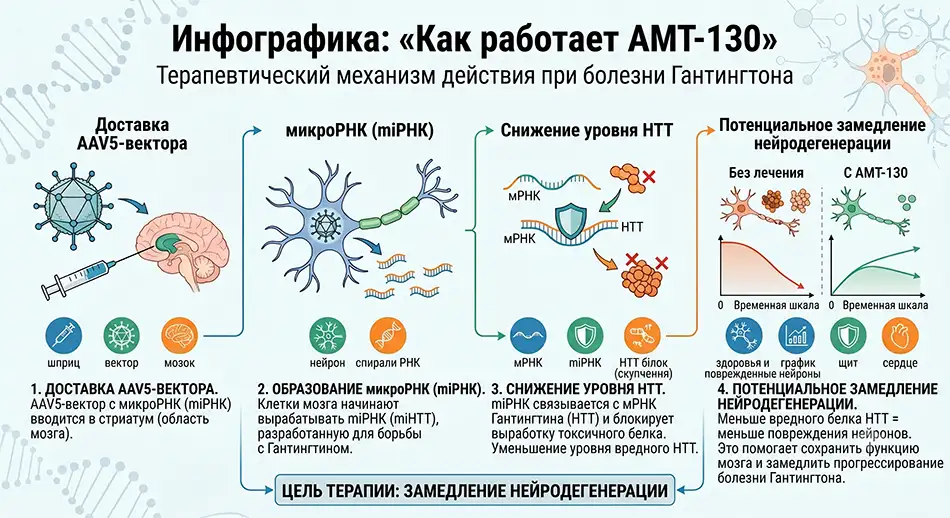 Инфографика: «Как работает AMT-130» — AAV5-вектор — микроРНК — снижение HTT — потенциальное замедление нейродегенерации.