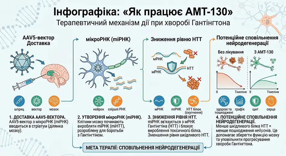 Інфографіка: «Як працює AMT-130» - AAV5-вектор - мікроРНК - зниження HTT - потенційне сповільнення нейродегенерації.