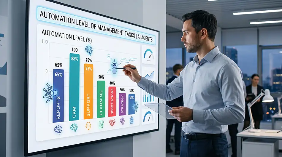 business analyst reviewing an interactive dashboard with the level of automation of managerial tasks