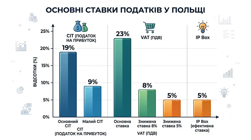 податки у Польщі: CIT 19%, малий CIT 9%, VAT 23%, 8%, 5%, IP Box 5%