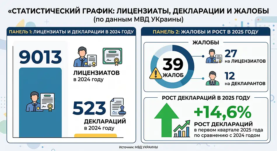 инфографика по данным МВД Украины, первая панель - 9013 лицензиатов и 523 декларации в 2024 году, вторая панель - 39 жалоб, из них 27 на лицензиатов и 12 на декларантов, отдельная отметка роста деклараций на 14,6 % в первом квартале 2025 года