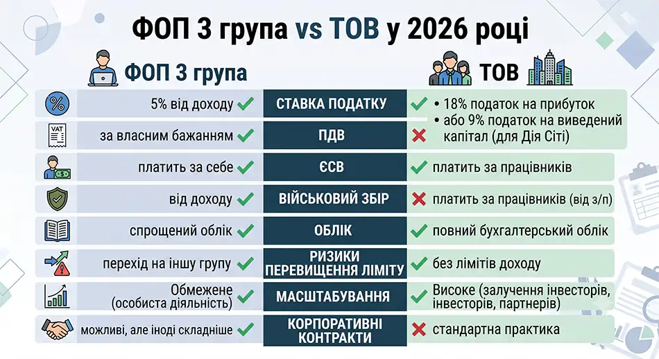 порівняльна схема «ФОП 3 група vs ТОВ у 2026 році»