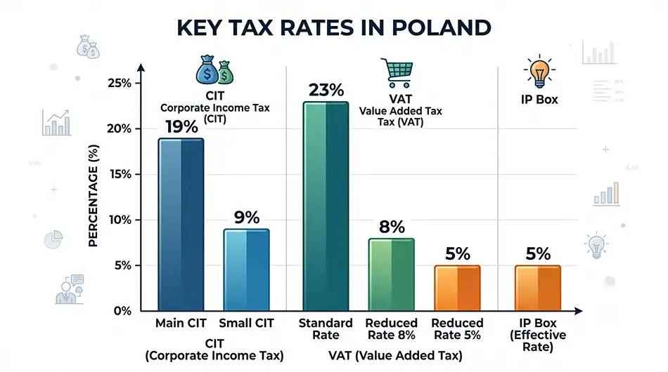 Taxes in Poland: CIT 19%, small CIT 9%, VAT 23%, 8%, 5%, IP Box 5%
