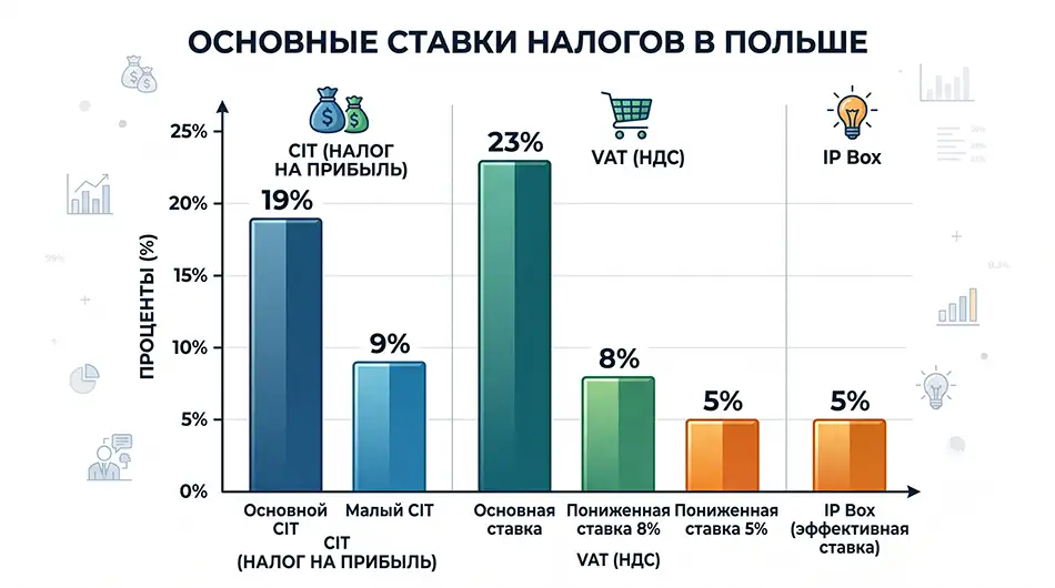 налоги в Польше: CIT 19%, малый CIT 9%, VAT 23%, 8%, 5%, IP Box 5%
