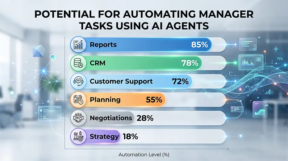 horizontal business diagram about the potential for automation of manager tasks using AI agents, categories: reports 85%, CRM 78%, customer support 72%, planning 55%, negotiations 28%, strategy 18%