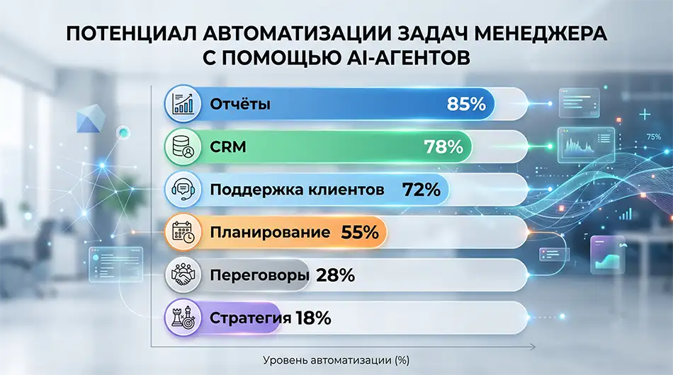горизонтальная бизнес-диаграмма о потенциале автоматизации задач менеджера с помощью AI-агентов, категории: отчеты 85%, CRM 78%, поддержка клиентов 72%, планирование 55%, переговоры 28%, стратегия 18%