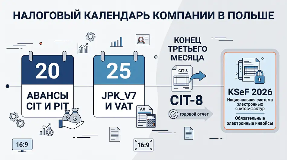 Горизонтальная инфографика-календарь налоговой отчётности компании в Польше: 20 число - авансы CIT и PIT, 25 число - JPK_V7 и VAT, конец третьего месяца - CIT-8, отдельный блок KSeF 2026
