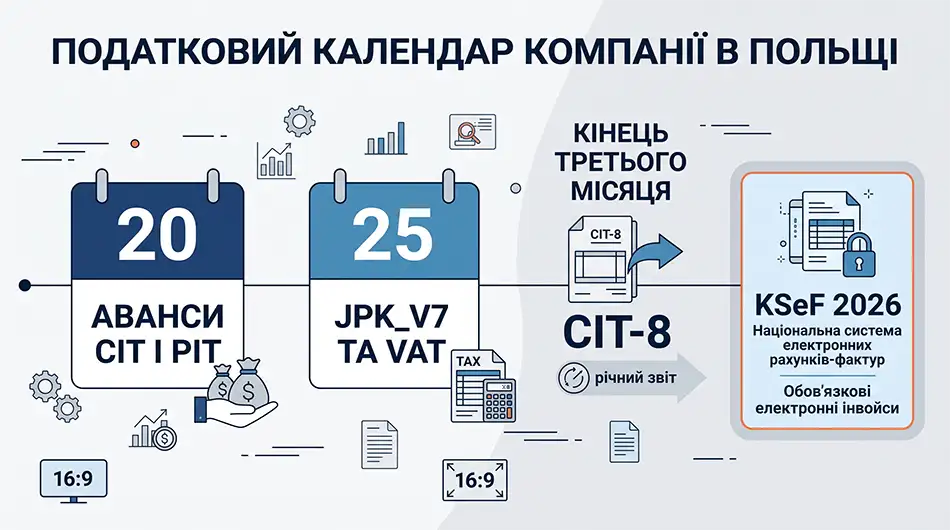 Горизонтальна інфографіка-календар податкової звітності компанії в Польщі: 20 число - аванси CIT і PIT, 25 число - JPK_V7 та VAT, кінець третього місяця - CIT-8, окремий блок KSeF 2026