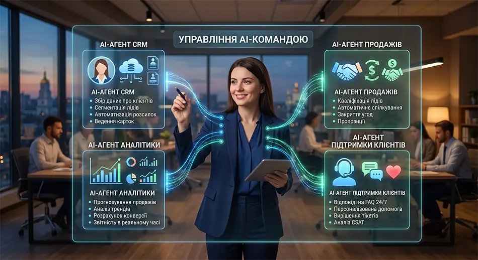 менеджер сидить за ноутбуком і керує кількома AI-агентами на великому цифровому екрані