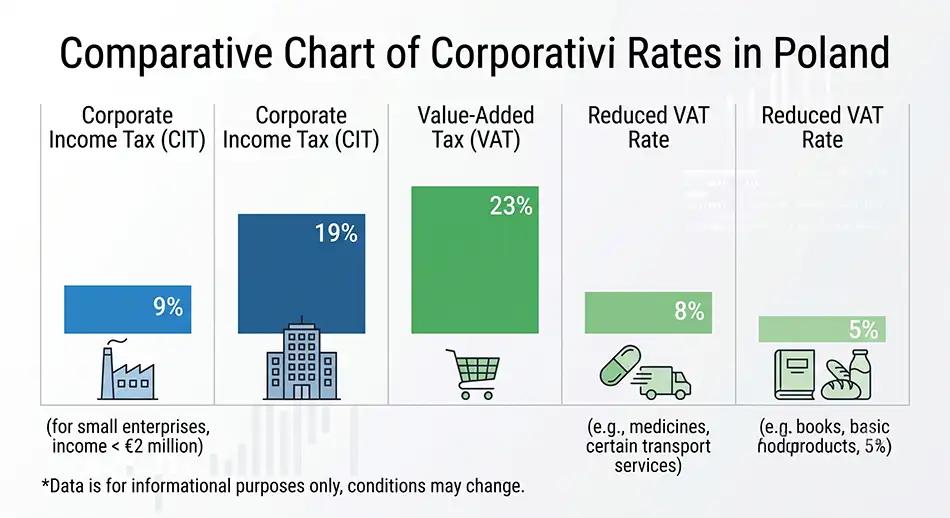 business tax rates in Poland, CIT 9 percent, CIT 19 percent, standard VAT 23 percent, reduced VAT 8 and 5 percent
