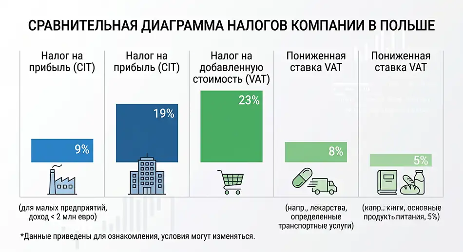 сравнительная диаграмма налогов компании в Польше, CIT 9 процентов, CIT 19 процентов, VAT 23 процента, сниженные ставки VAT 8 и 5 процентов