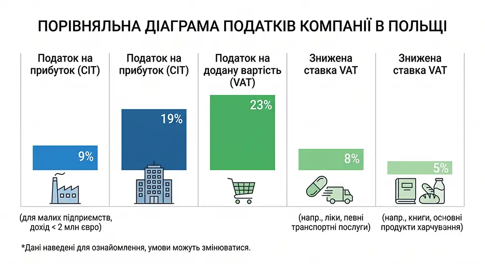 порівняльна діаграма податків компанії в Польщі, CIT 9 відсотків, CIT 19 відсотків, VAT 23 відсотки, знижені ставки VAT 8 і 5 відсотків
