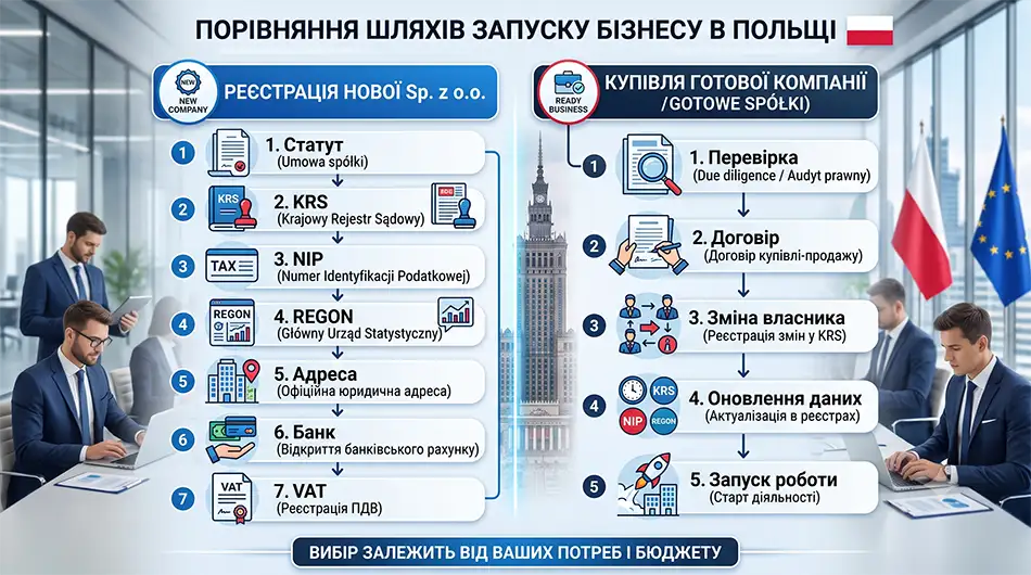 порівняння двох шляхів запуску бізнесу в Польщі, ліворуч реєстрація нової Sp. z o.o. з етапами статут, KRS, NIP, REGON, адреса, банк, VAT, праворуч купівля готової компанії з етапами перевірка, договір, зміна власника, оновлення даних, запуск роботи