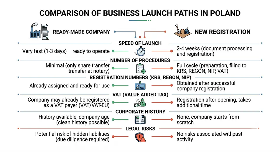 horizontal comparison chart of a ready-made company and new company registration in Poland, criteria including launch speed, number of procedures, registration numbers, VAT, corporate history and legal risks