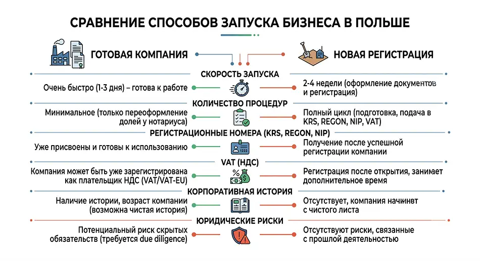 горизонтальная диаграмма сравнения готовой компании и новой регистрации в Польше по критериям скорость запуска, количество процедур, регистрационные номера, VAT, корпоративная история, юридические риски