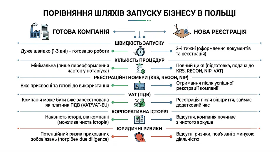горизонтальна діаграма порівняння готової компанії та нової реєстрації в Польщі за критеріями швидкість запуску, кількість процедур, реєстраційні номери, VAT, корпоративна історія, юридичні ризики