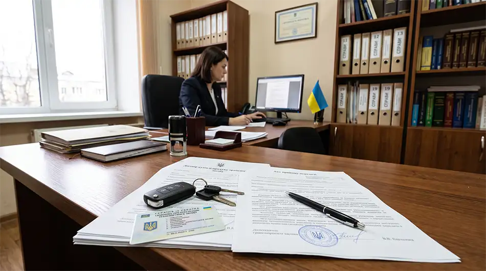 реалістичне фото українського нотаріального офісу, на столі документи на автомобіль, ключі від авто, техпаспорт, ручка