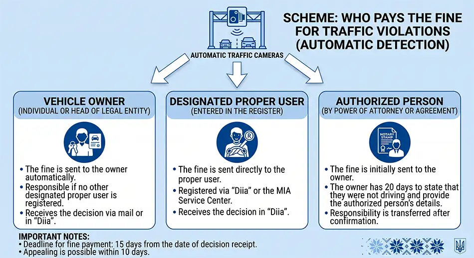 scheme 'Who pays the fine', three columns: car owner, rightful user, authorized person