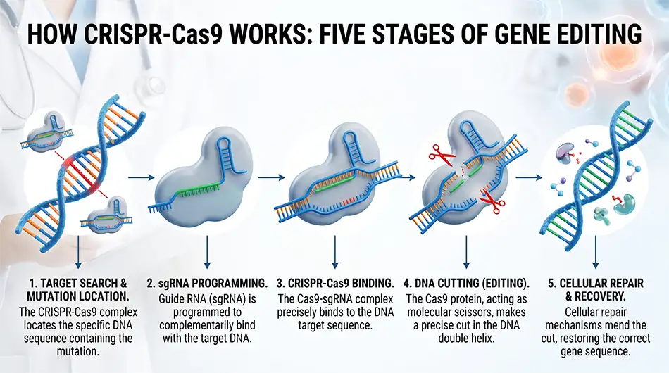 Diagram of CRISPR-Cas9 function in five steps: mutation search, guide RNA, Cas9 binding, DNA editing, cell function restoration;