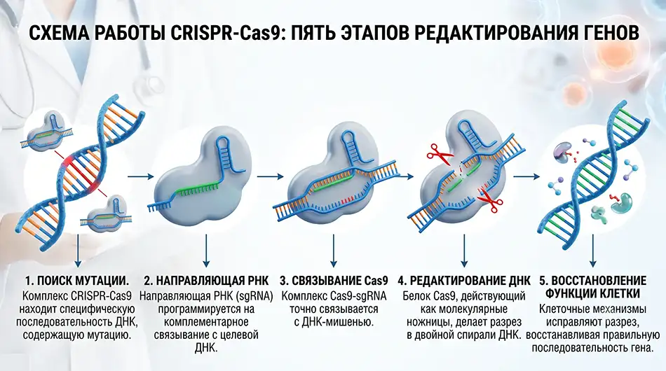 Схема работы CRISPR-Cas9 в пять этапов: поиск мутации, направляющая РНК, связывание Cas9, редактирование ДНК, восстановление функции клетки;