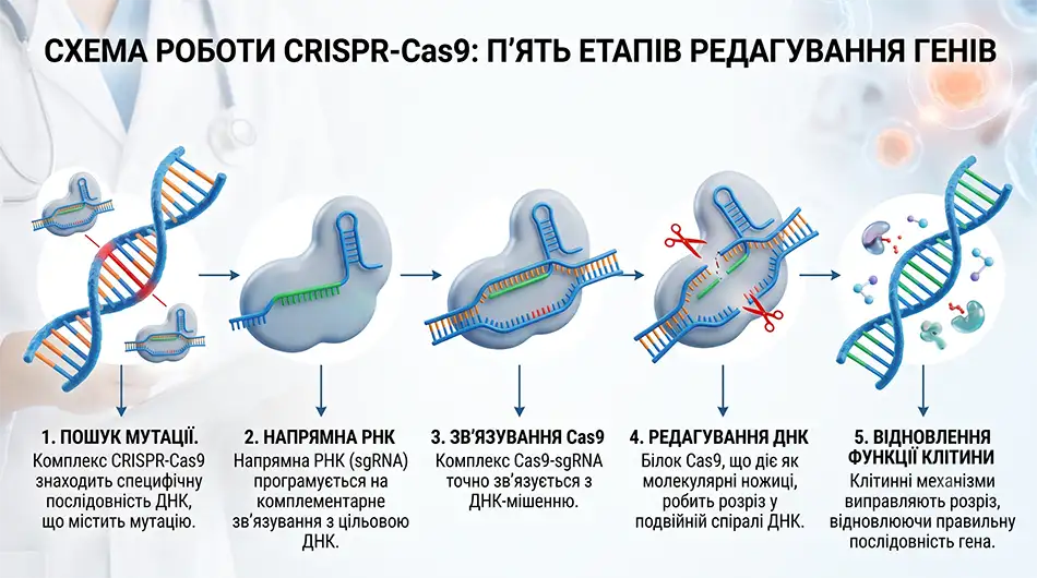 Схема роботи CRISPR-Cas9 у п’ять етапів: пошук мутації, напрямна РНК, зв’язування Cas9, редагування ДНК, відновлення функції клітини;