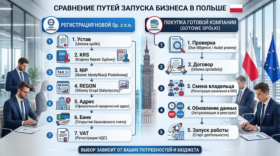сравнение двух способов запуска бизнеса в Польше, слева регистрация новой Sp. z o.o. с этапами устав, KRS, NIP, REGON, адрес, банк, VAT, справа покупка готовой компании с этапами проверка, договор, смена владельца, обновление данных, начало работы
