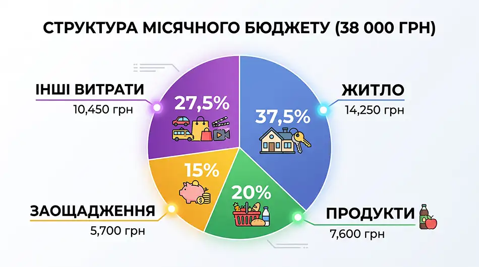 кругова діаграма структури місячного бюджету 38 000 грн, категорії «Житло - 37,5%», «Продукти - 20%», «Заощадження - 15%», «Інші витрати - 27,5%»