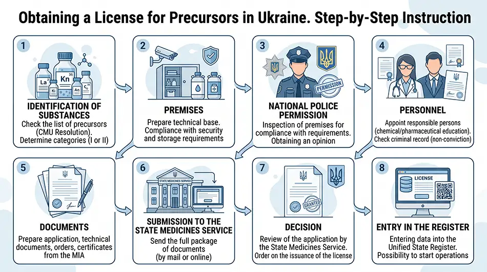 Business infographic about obtaining a precursor license in Ukraine: identification of substances - premises - National Police permit - personnel - documents - submission to the State Service of Ukraine on Medicines and Drugs