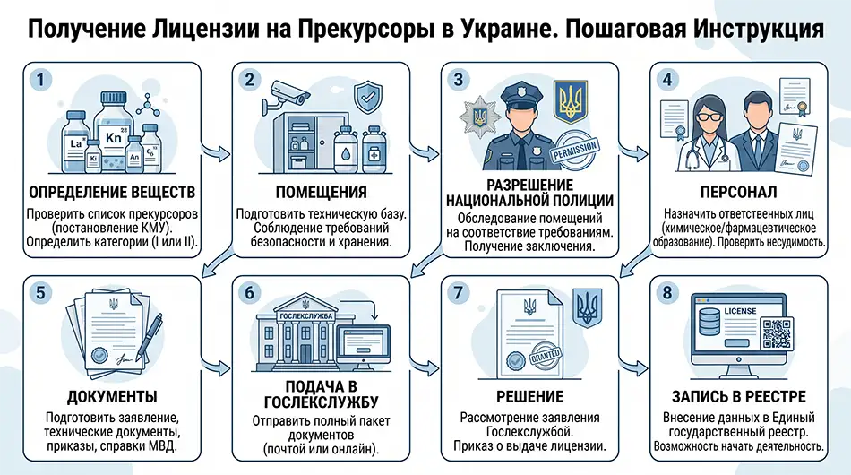 Деловая инфографика о получении лицензии на прекурсоры в Украине: определение веществ - помещение - разрешение Национальной полиции - персонал - документы - подача в Гослекслужбу - решение - запись в реестре