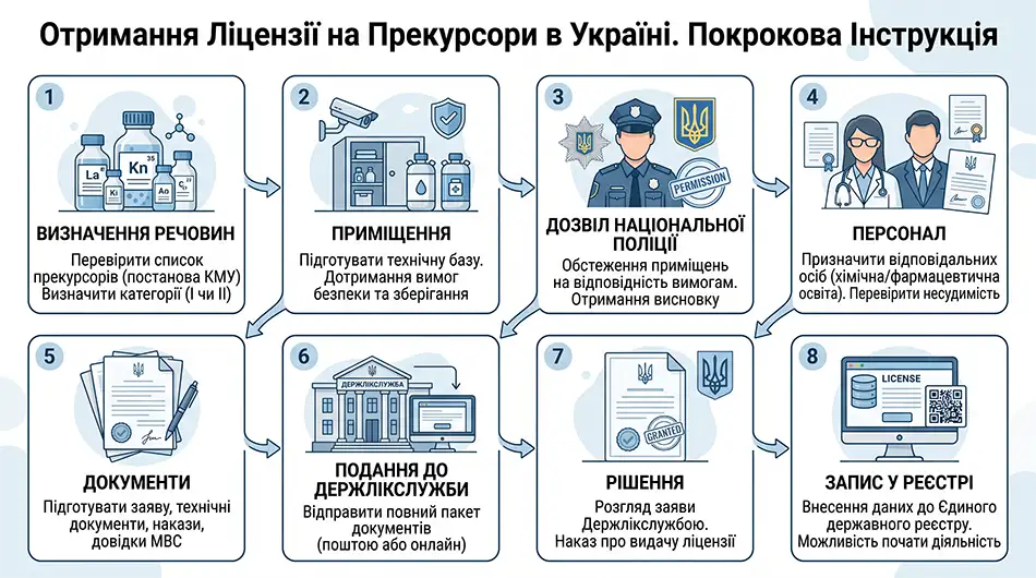 Ділова інфографіка про отримання ліцензії на прекурсори в Україні: визначення речовин - приміщення - дозвіл Національної поліції - персонал - документи - подання до Держлікслужби - рішення - запис у реєстрі