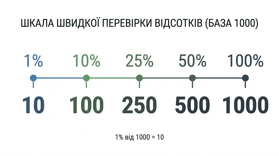 інформаційна шкала швидкої перевірки відсотків, число 1000 як база, 1% = 10, 10% = 100, 25% = 250, 50% = 500, 100% = 1000