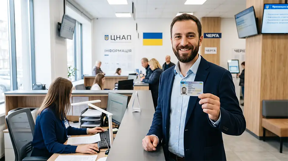 Іноземець у сучасному центрі надання адміністративних послуг в Україні тримає біометричну картку посвідки на проживання